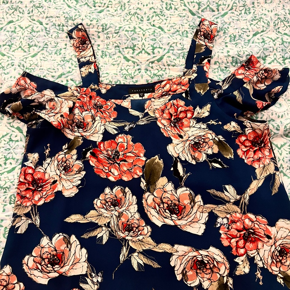 Sanctuary Pink and Blue Floral Ruffled Sleeveless Blouse